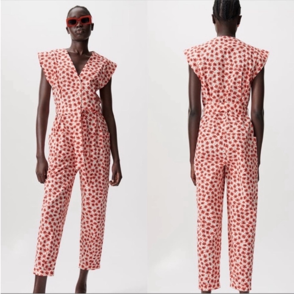 NWOT Zara Red and White Jumpsuit with Wrap V-Neckline